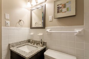 A bathroom with a sink and a mirror and a toilet